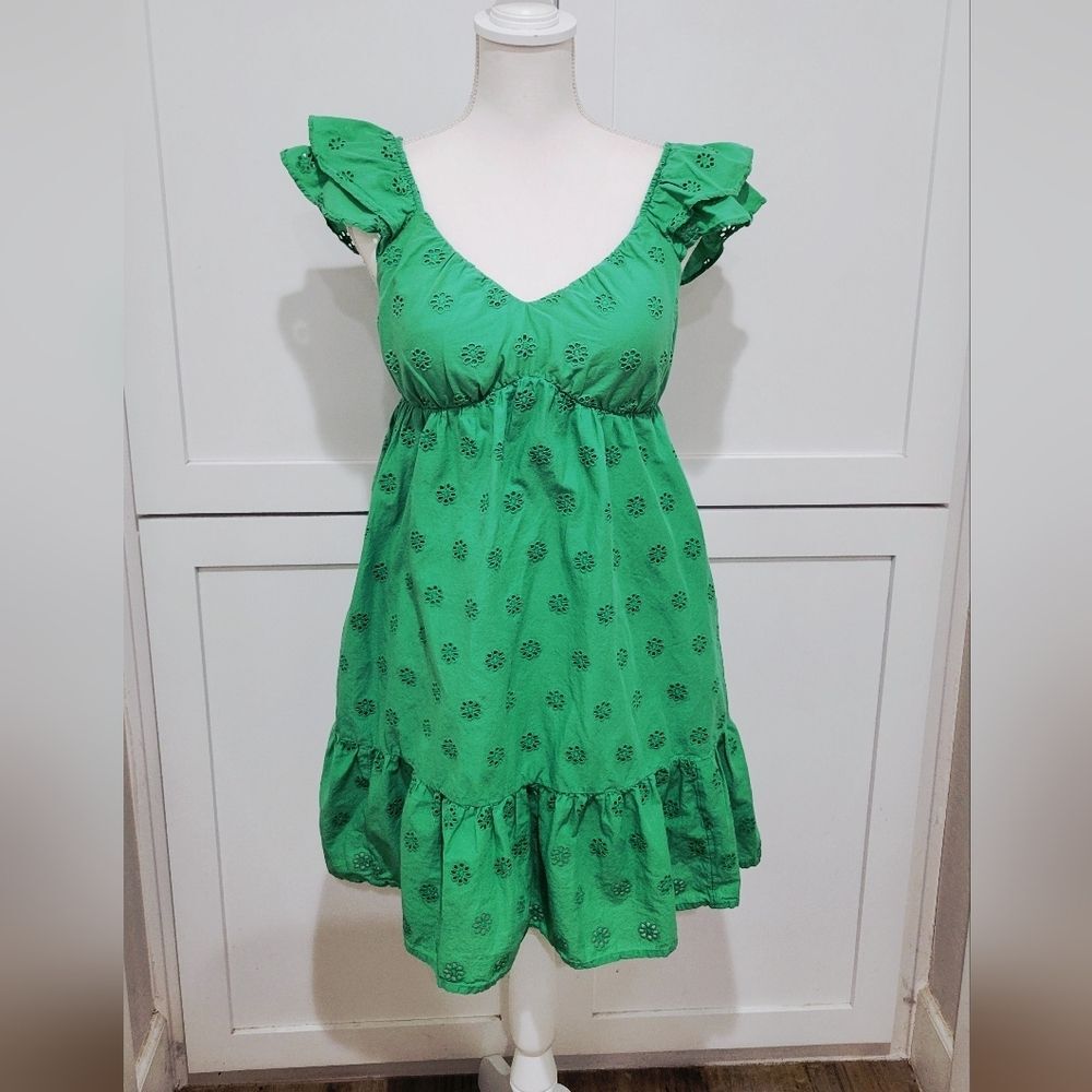SO Goods For Life Green Cotton  Eyelet Ruffle Summer Dress | Size Medium